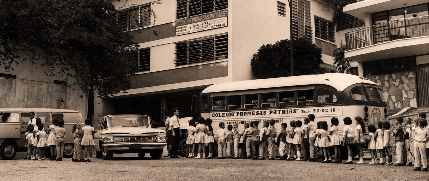 Fachada del Colegio Promesas Patrias en los años sesenta, con estudiantes y el autobús escolar de la época